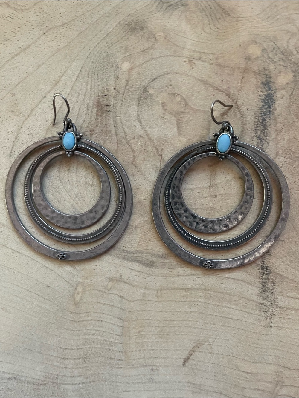 Turquoise Accent Multi-Hoop Drop Earrings - Silver Tone